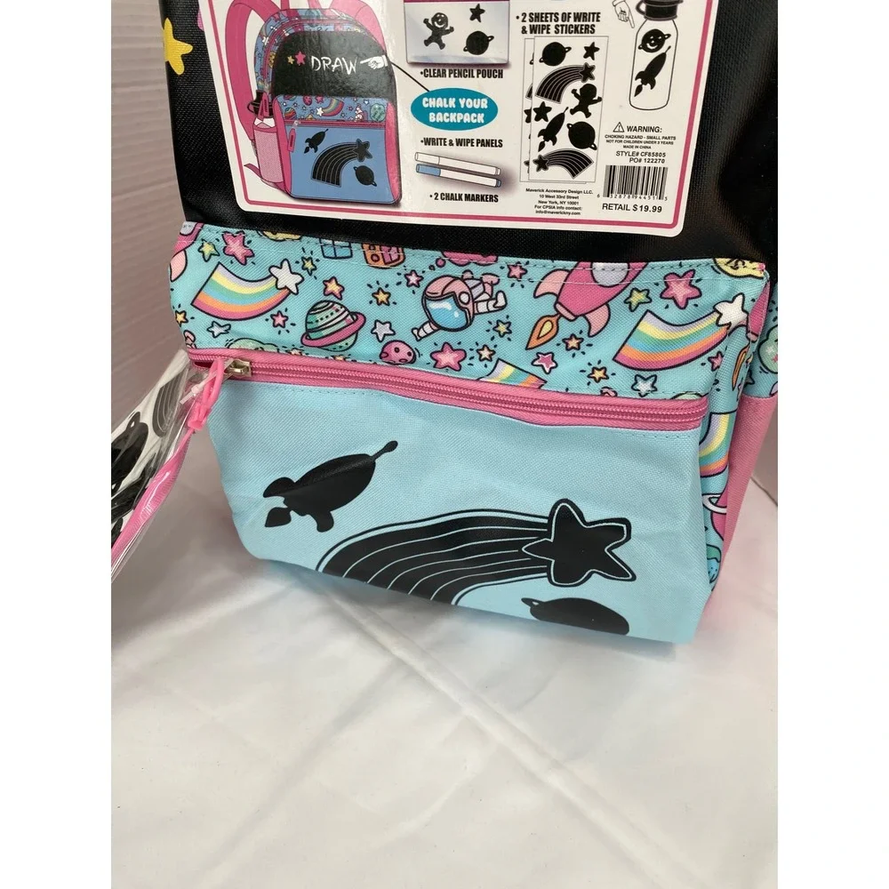 Confetti DIY Marker Kit Backpack Kids Blue Pink Space Theme New Water Bottle